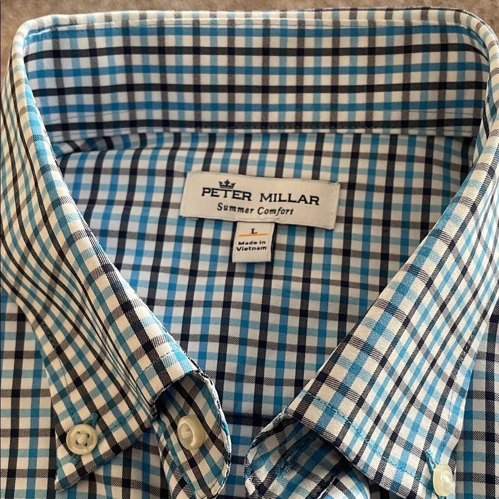 Peter Millar Men's Blue and White Checkered Shirt